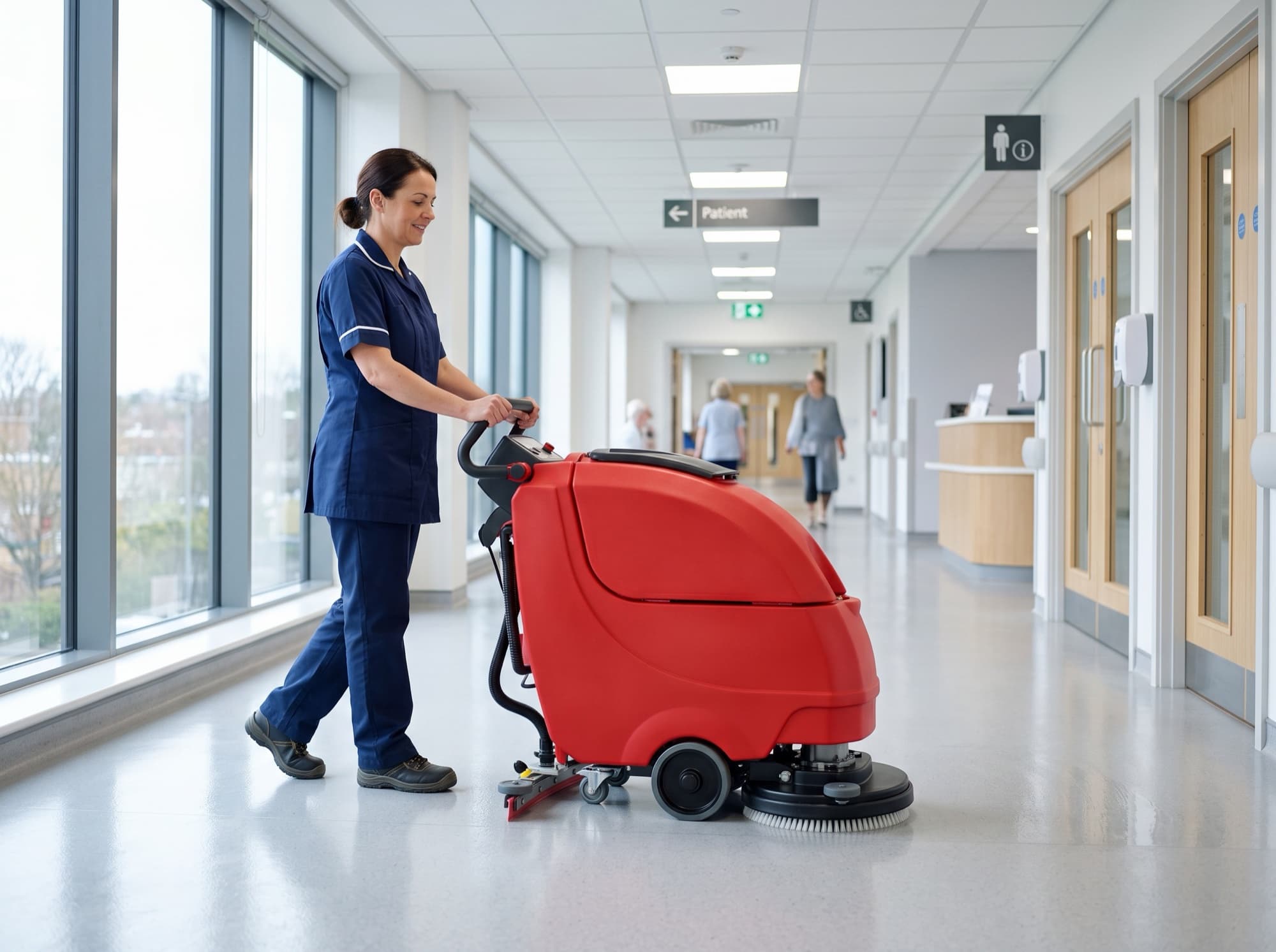 RCM BYTE Scheuersaugmaschine mit Reinigungskraft im hellen Klinikflur
